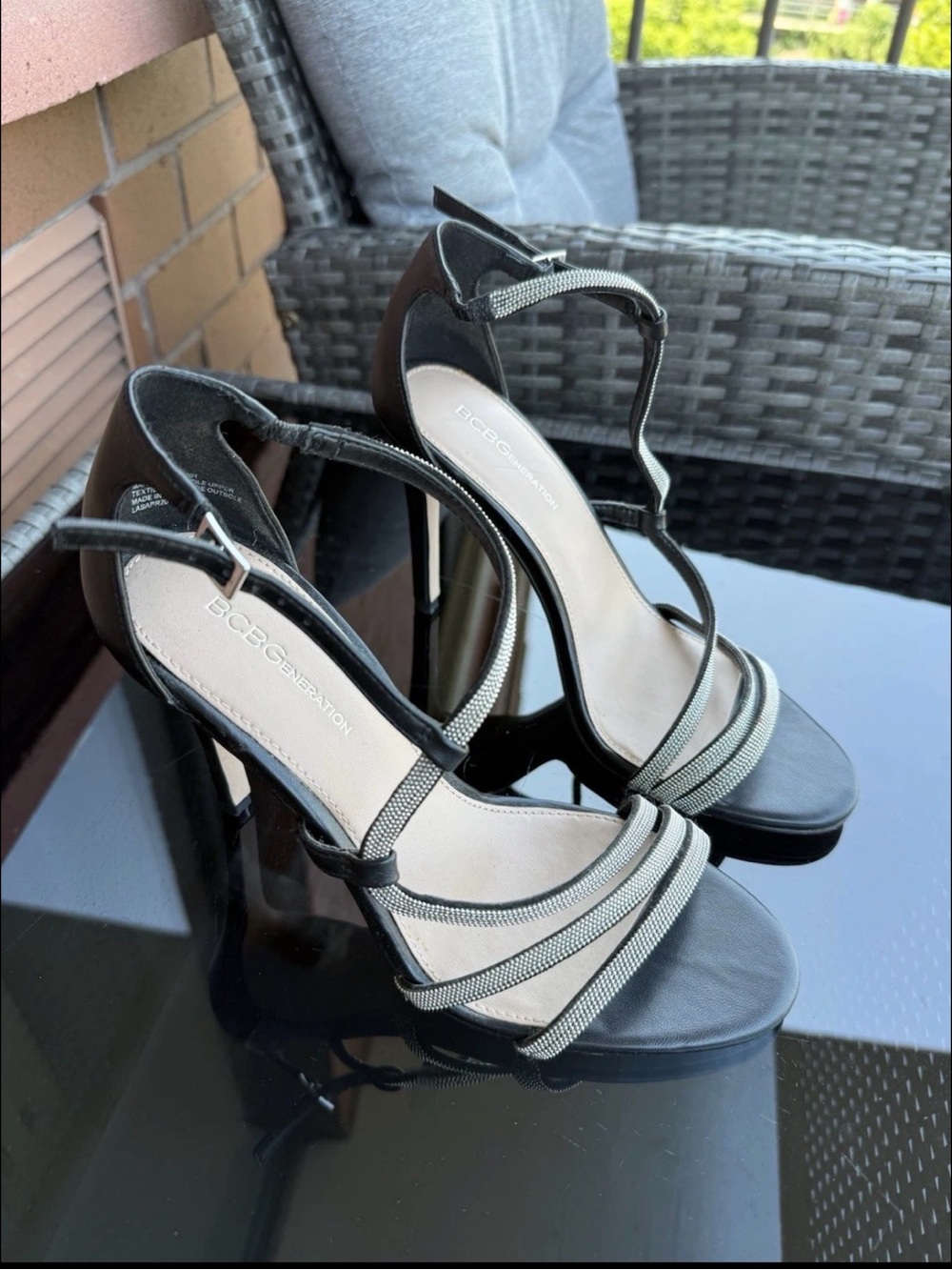 BCBGeneration Black and Silver Strappy High Heel Sandals size 8